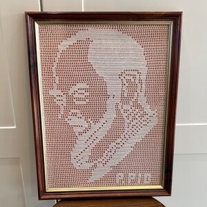 Handmade White Crochet Portrait Wall Art in Wood Frame